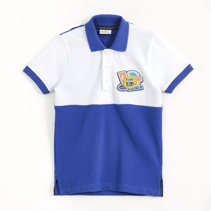 JusCubs Boys Blue & White Colourblock Polo T-Shirt with Surf Patch