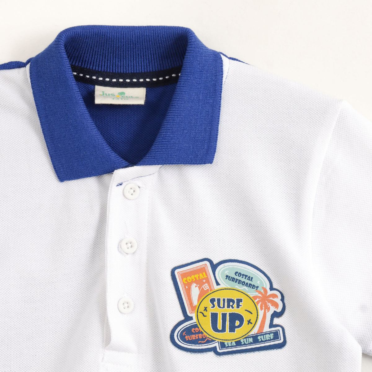 JusCubs Boys Blue & White Colourblock Polo T-Shirt with Surf Patch