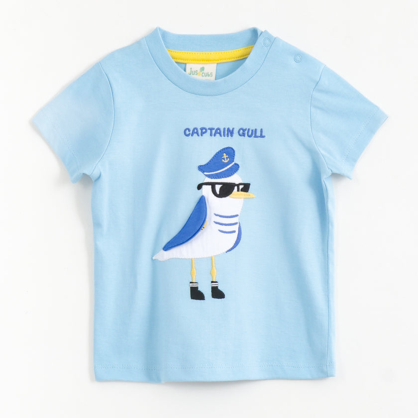 JusCubs Baby Boys Light Blue Captain Gull Applique T-Shirt