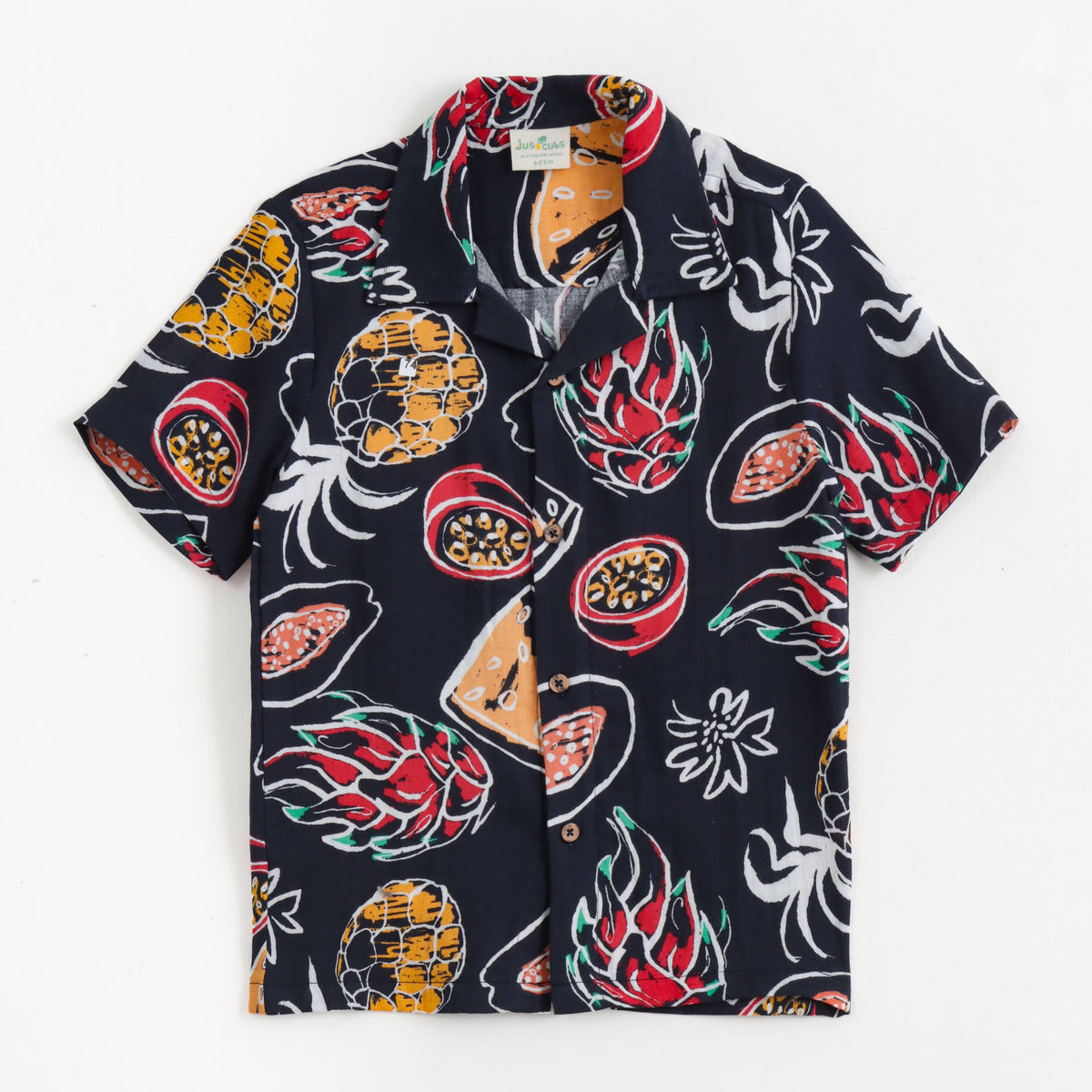 JusCubs Boys Black Tropical Fruit Print Shirt & Shorts Co-Ord Set
