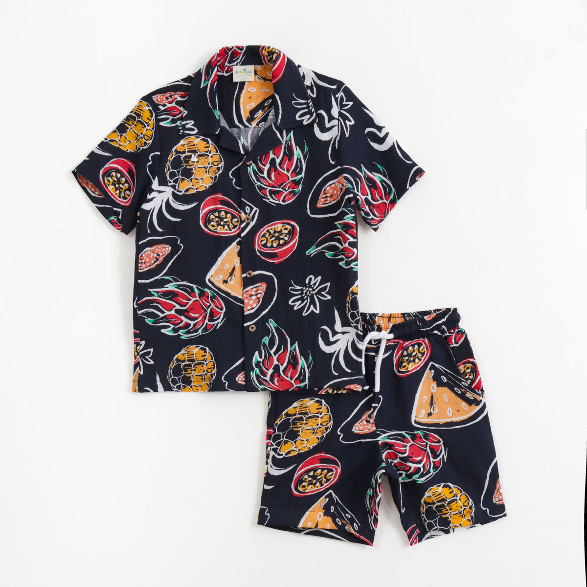 JusCubs Boys Black Tropical Fruit Print Shirt & Shorts Co-Ord Set