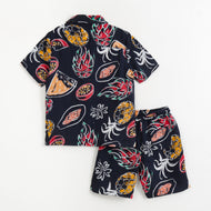 JusCubs Boys Black Tropical Fruit Print Shirt & Shorts Co-Ord Set