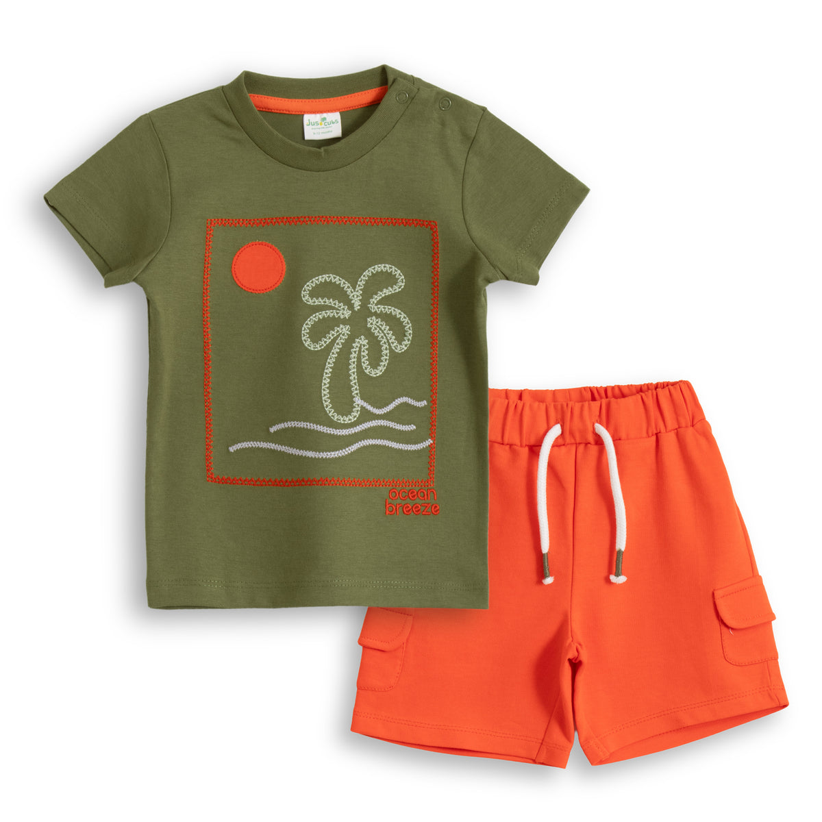 JusCubs Baby Boys’ Olive Green Graphic T-Shirt with Orange Cargo Shorts Set