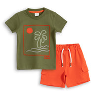 JusCubs Baby Boys’ Olive Green Graphic T-Shirt with Orange Cargo Shorts Set