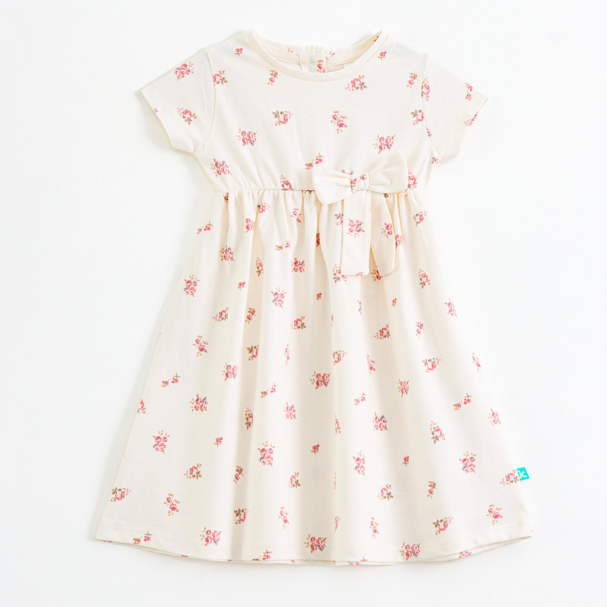 Baby Girls Cream Floral Print Dress with Bow – Soft Cotton Wear