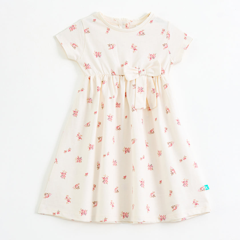 Baby Girls Cream Floral Print Dress with Bow – Soft Cotton Wear