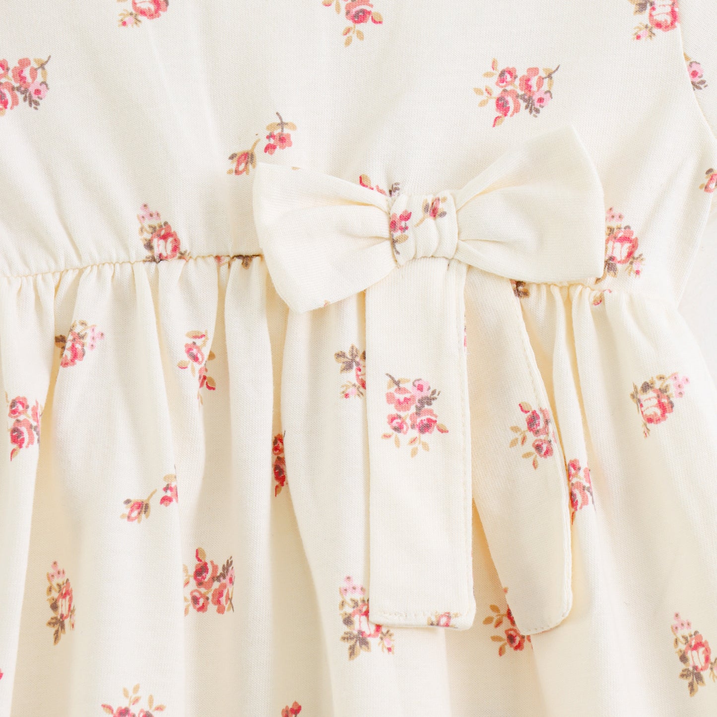 Baby Girls Cream Floral Print Dress with Bow – Soft Cotton Wear
