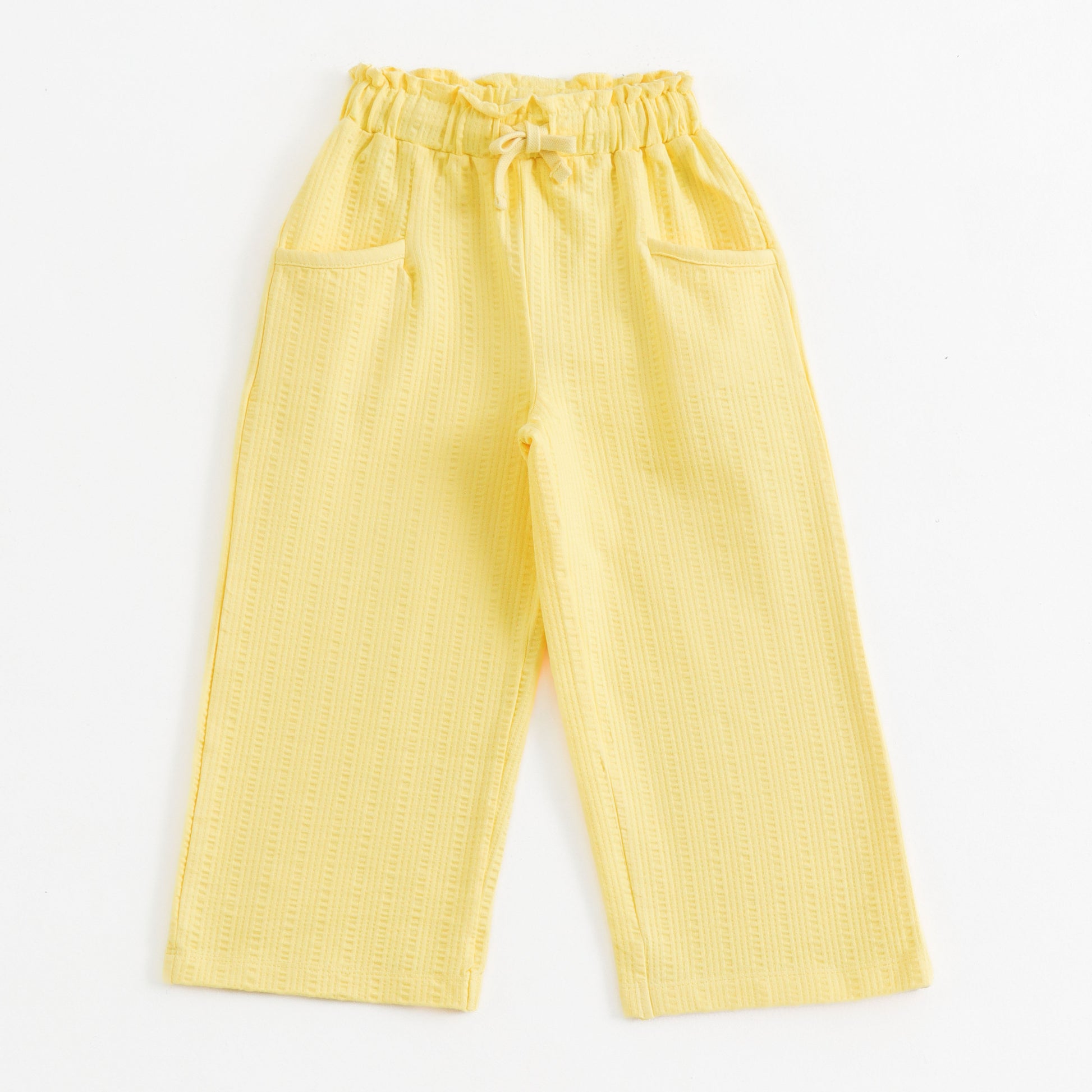 "Baby Girls Yellow Textured Cotton Pants with Elastic Waist & Drawstring"