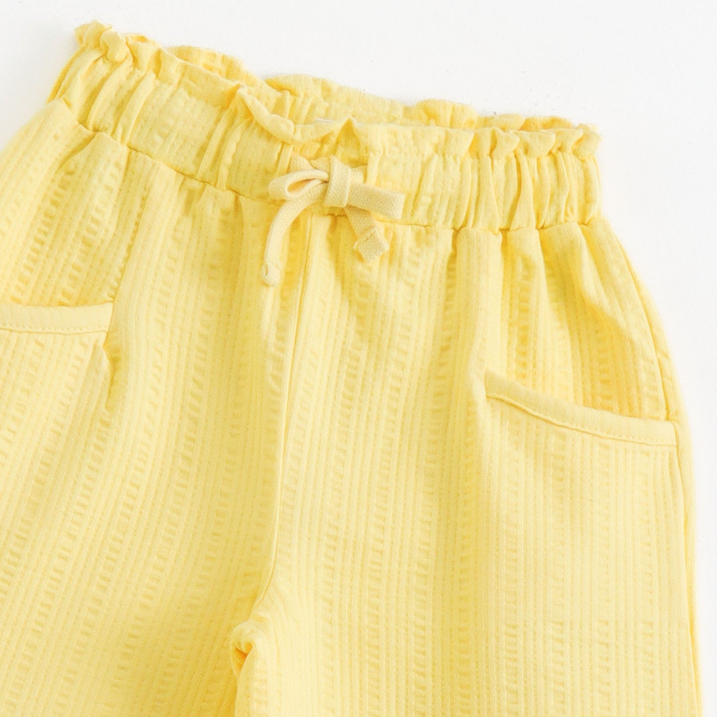 "Baby Girls Yellow Textured Cotton Pants with Elastic Waist & Drawstring"