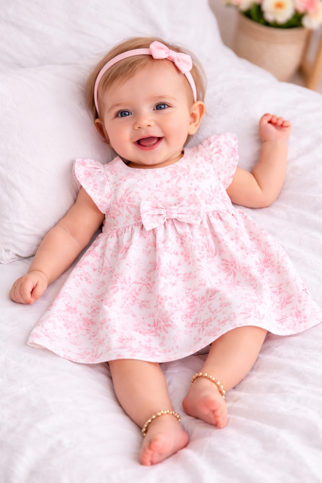 "Baby Girl Floral Dress – Pink & White, Short Sleeve"