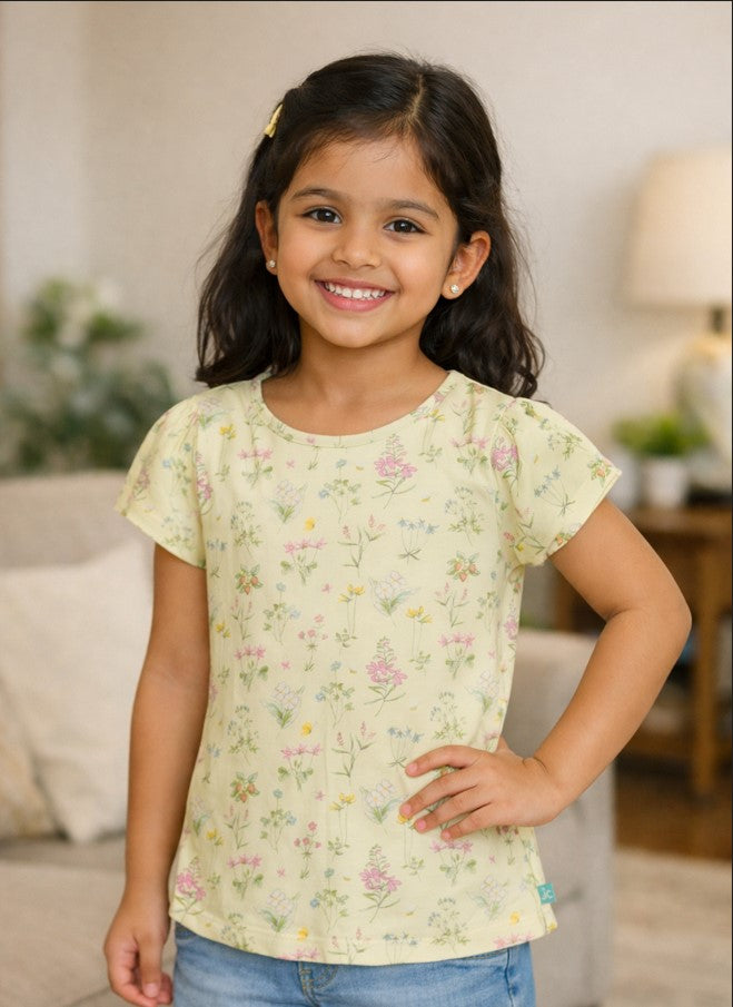 "Girls Light Yellow Floral Printed Cotton Top with Short Sleeves"