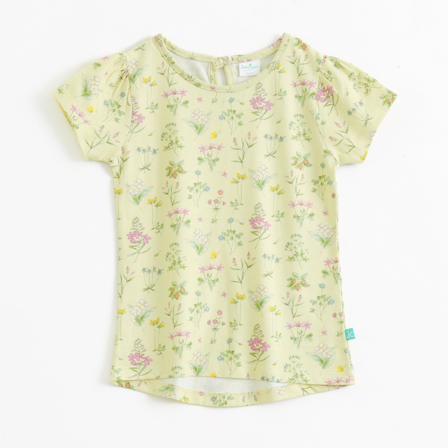 "Girls Light Yellow Floral Printed Cotton Top with Short Sleeves"