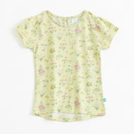 "Girls Light Yellow Floral Printed Cotton Top with Short Sleeves"