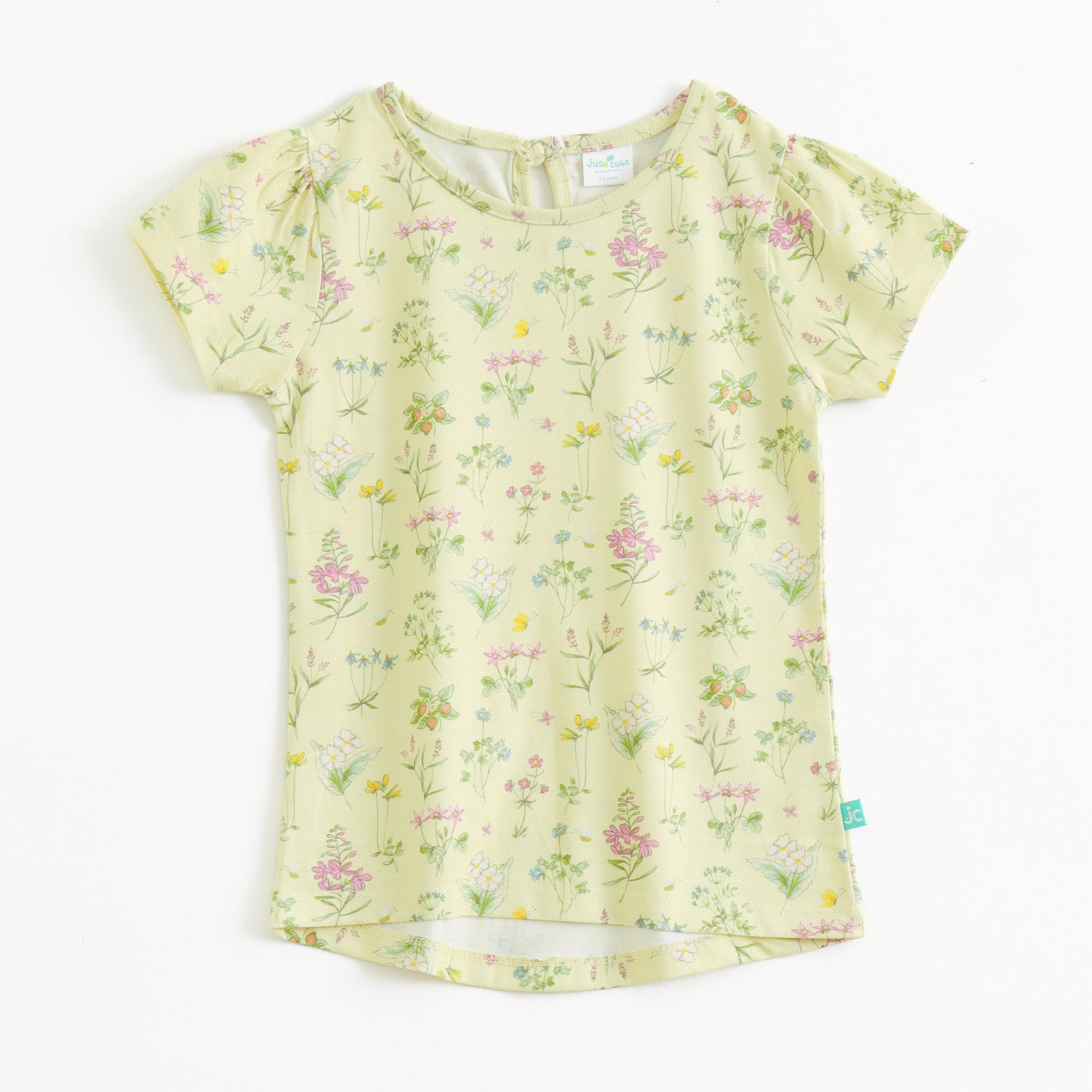"Girls Light Yellow Floral Printed Cotton Top with Short Sleeves"