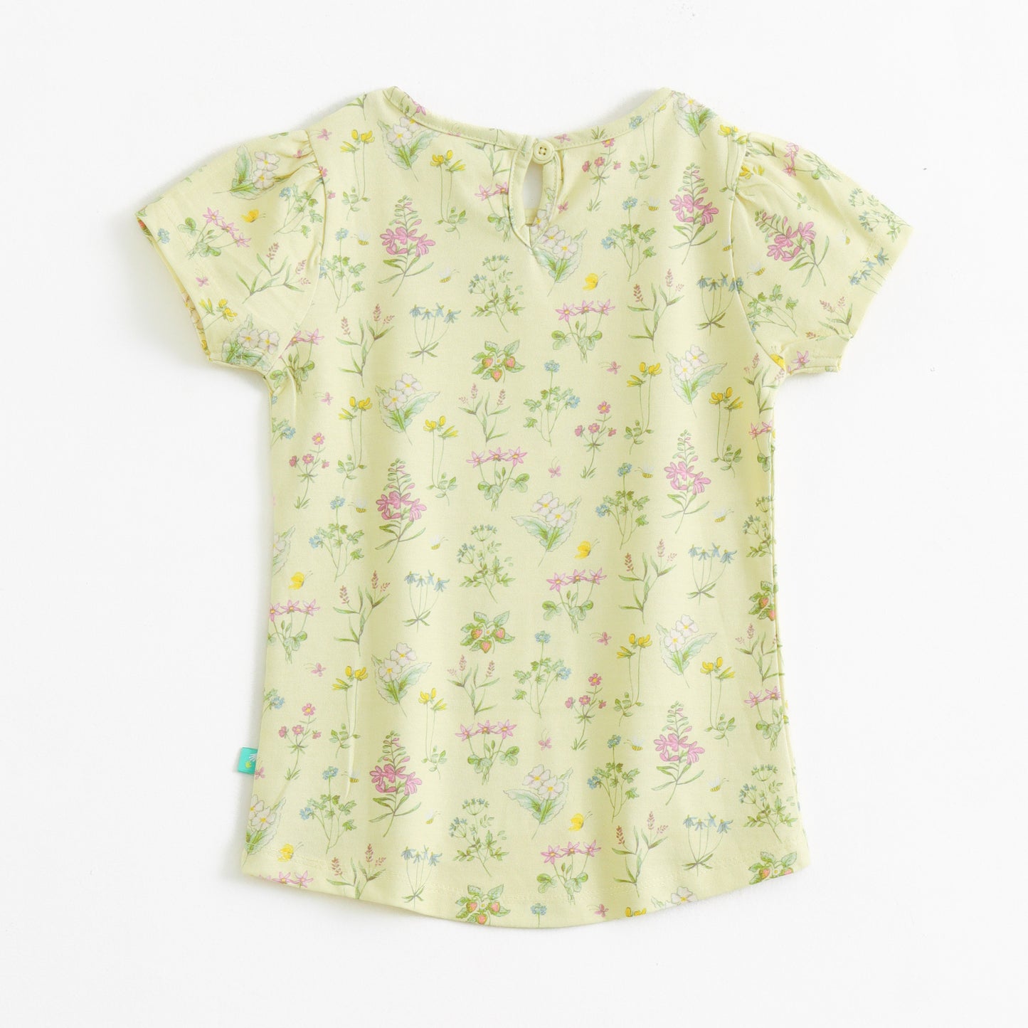 "Girls Light Yellow Floral Printed Cotton Top with Short Sleeves"