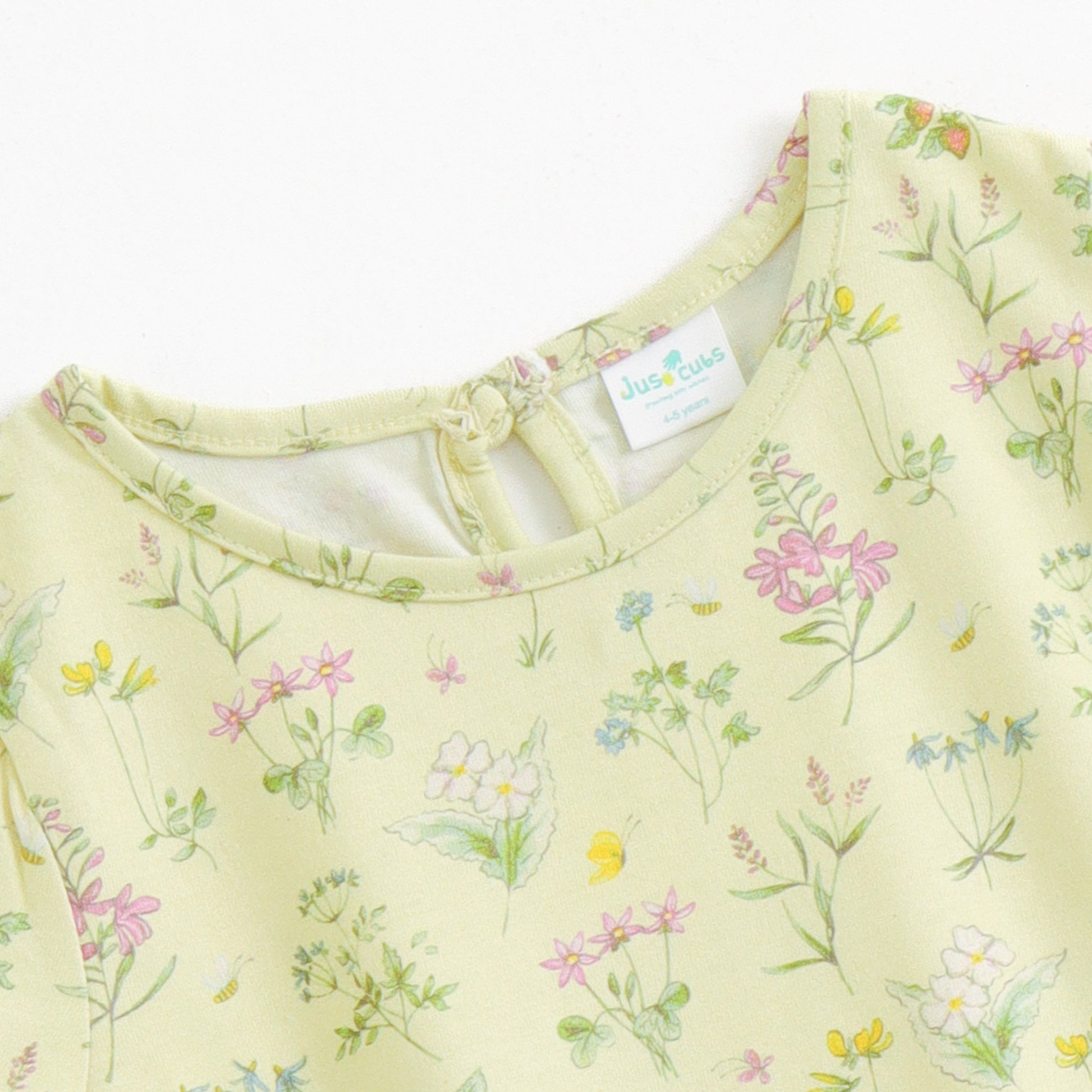 "Girls Light Yellow Floral Printed Cotton Top with Short Sleeves"