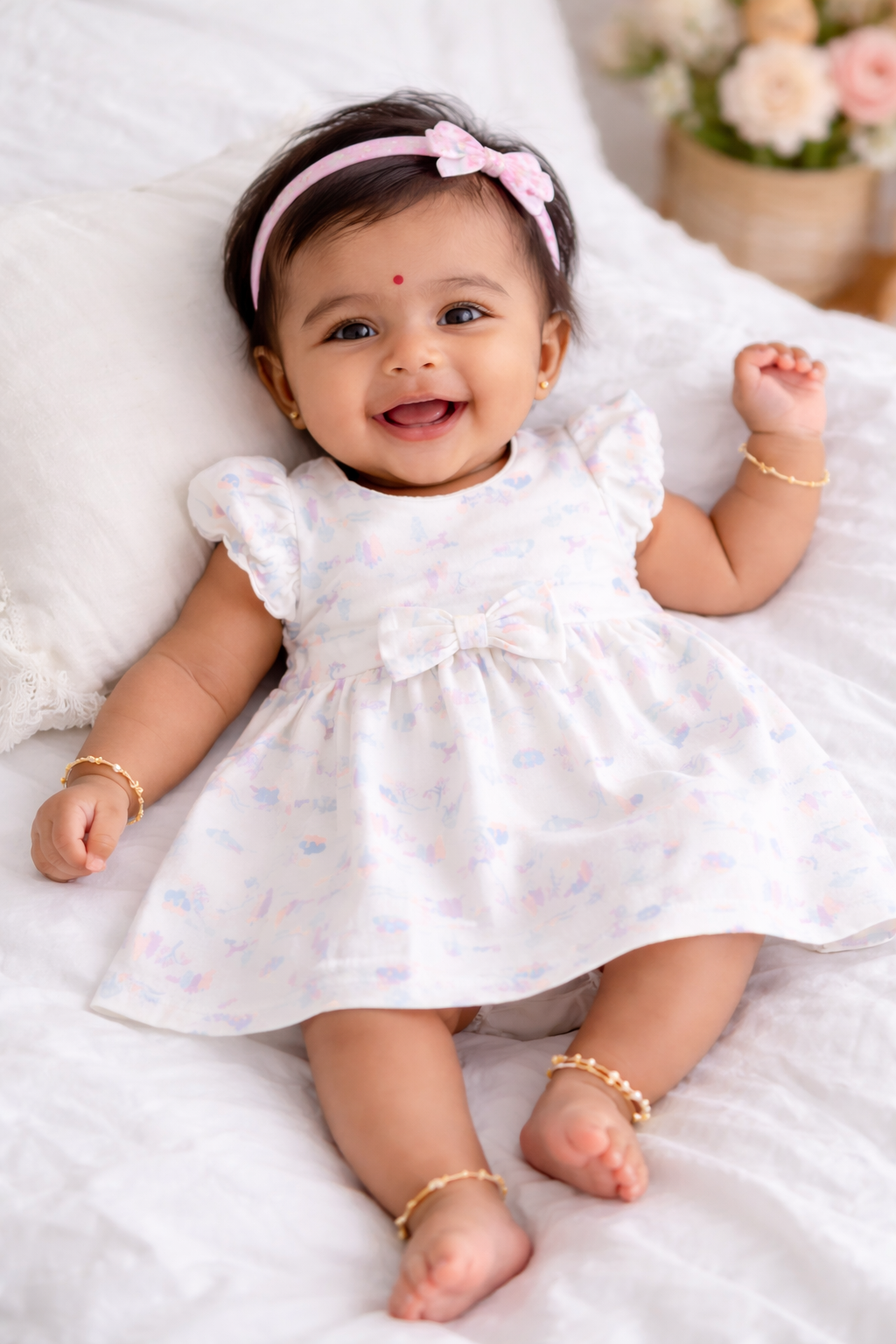 "Baby Girl Pastel Animal Print Dress with Bow Detail"