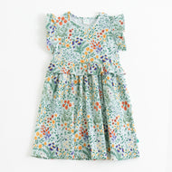 "Girls Mint Green Floral Printed Cotton Dress with Ruffle Sleeves"