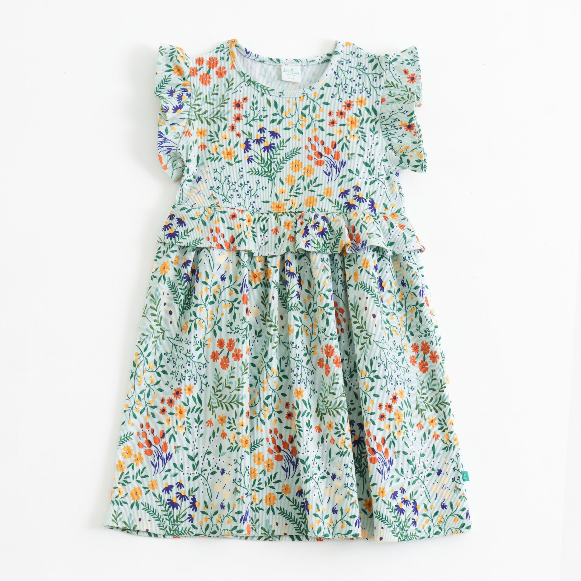 "Girls Mint Green Floral Printed Cotton Dress with Ruffle Sleeves"
