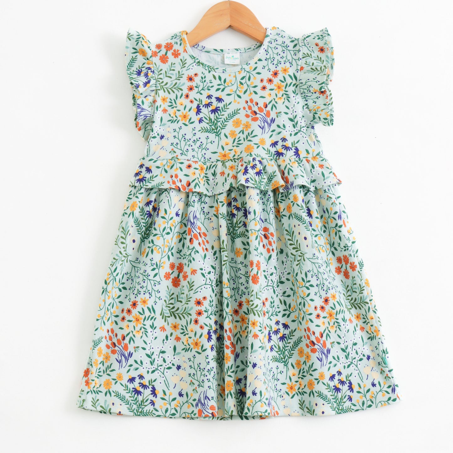 "Girls Mint Green Floral Printed Cotton Dress with Ruffle Sleeves"