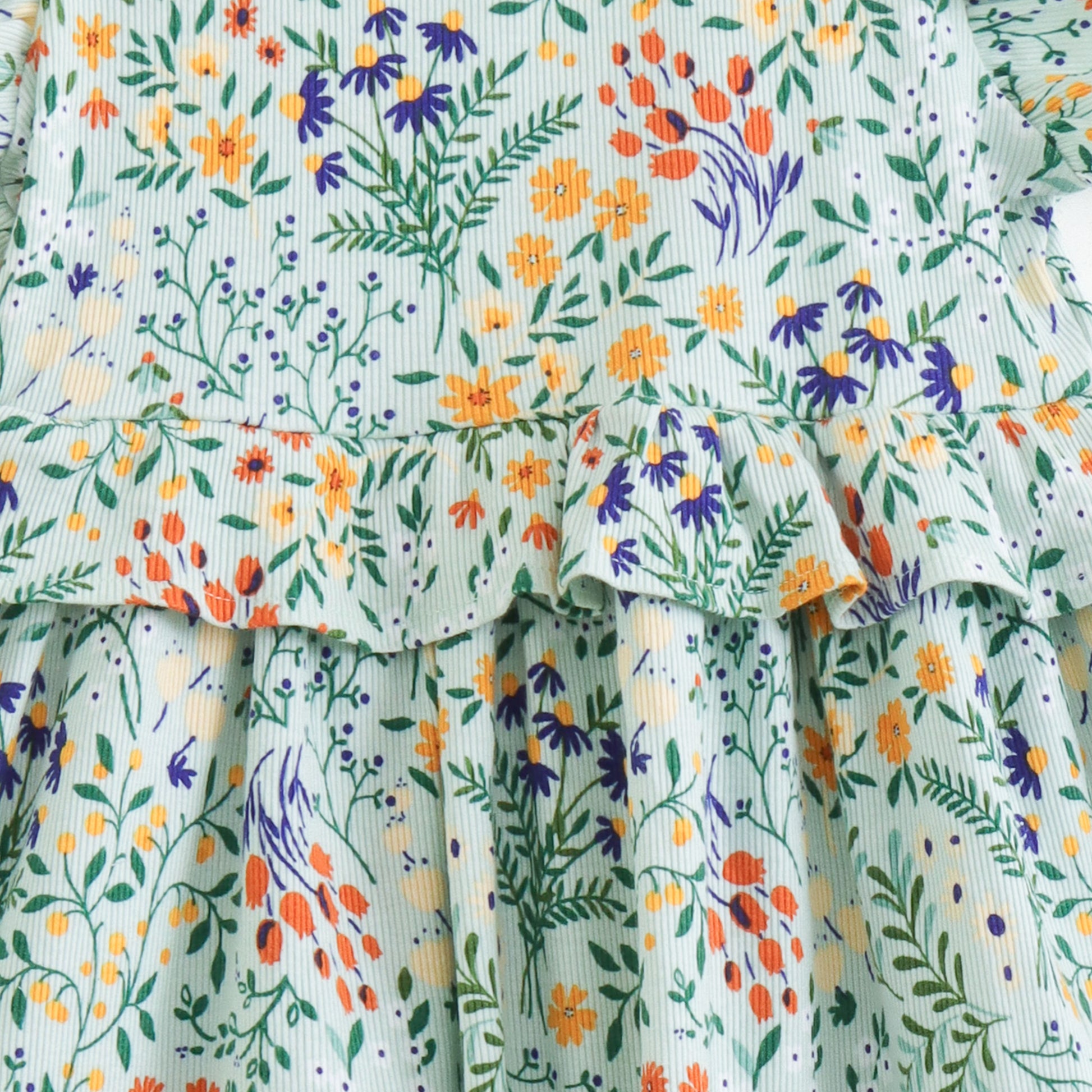 "Girls Mint Green Floral Printed Cotton Dress with Ruffle Sleeves"