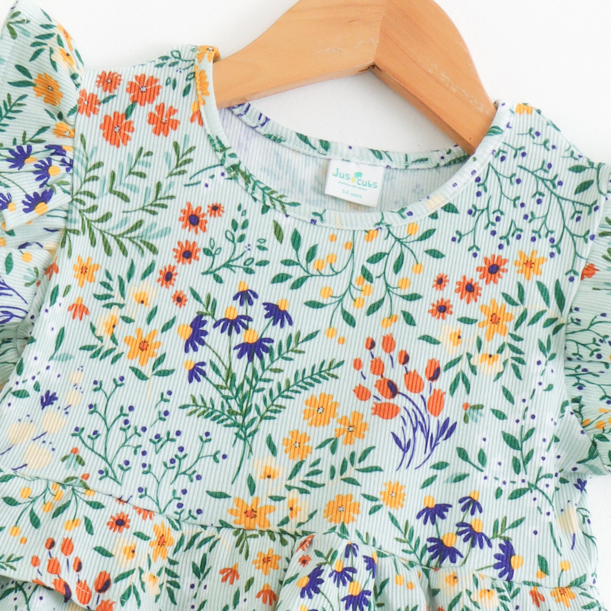 "Girls Mint Green Floral Printed Cotton Dress with Ruffle Sleeves"