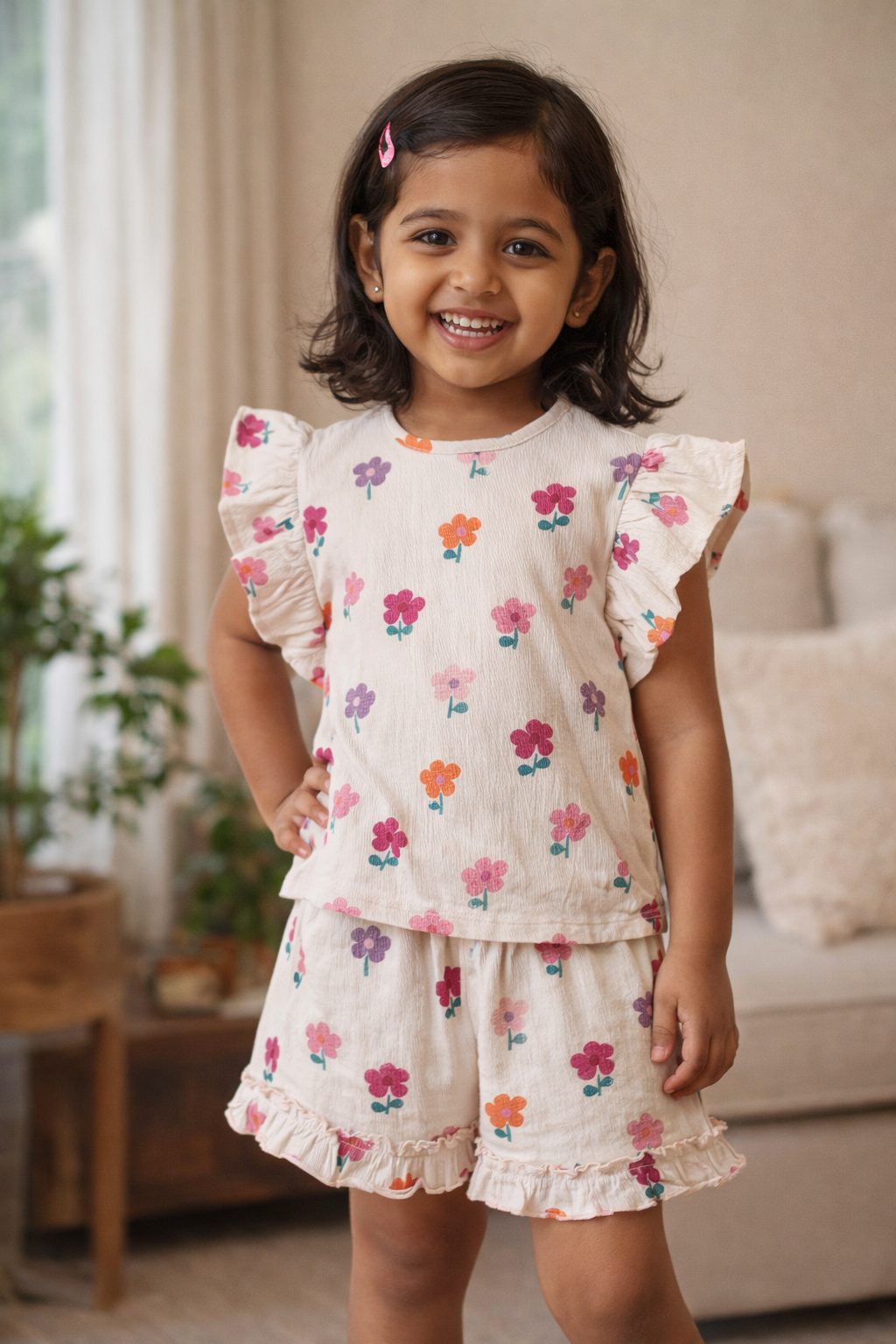 "Baby Girl Floral Top and Shorts Set with Ruffle Sleeves"