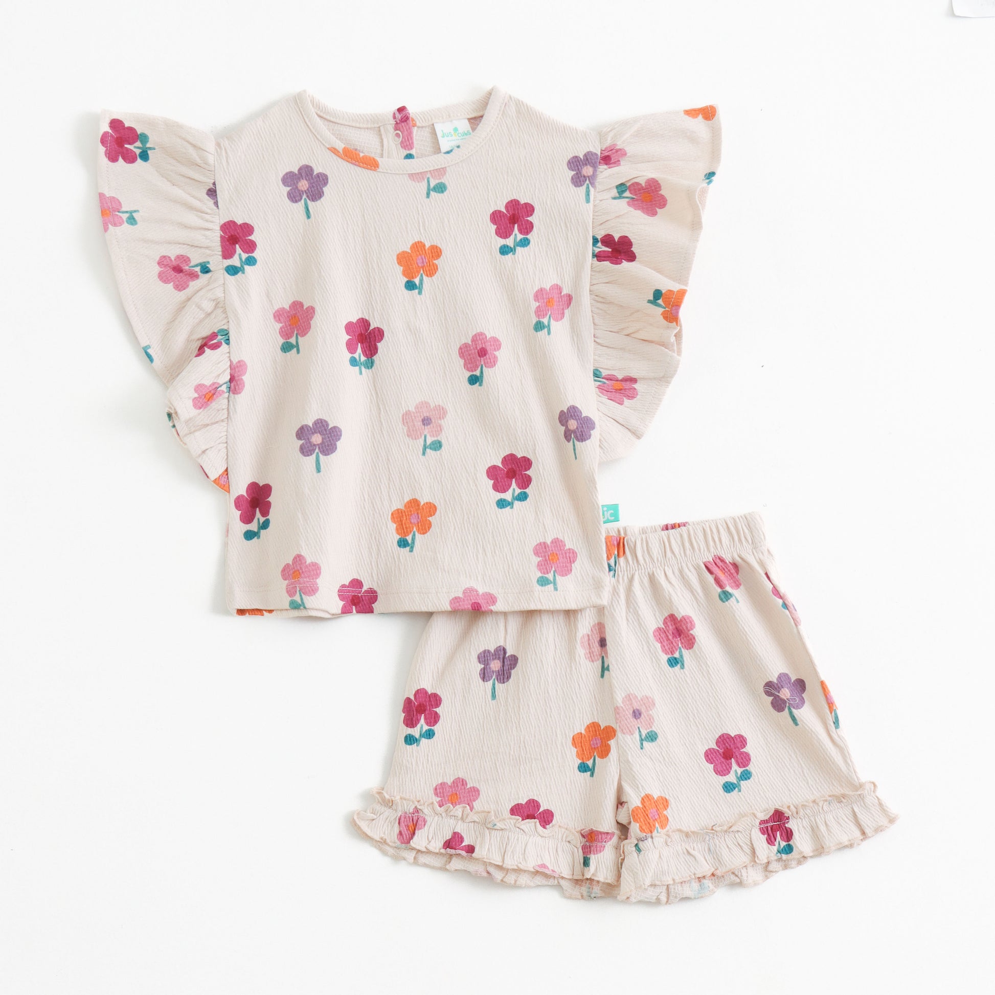 "Baby Girl Floral Top and Shorts Set with Ruffle Sleeves"