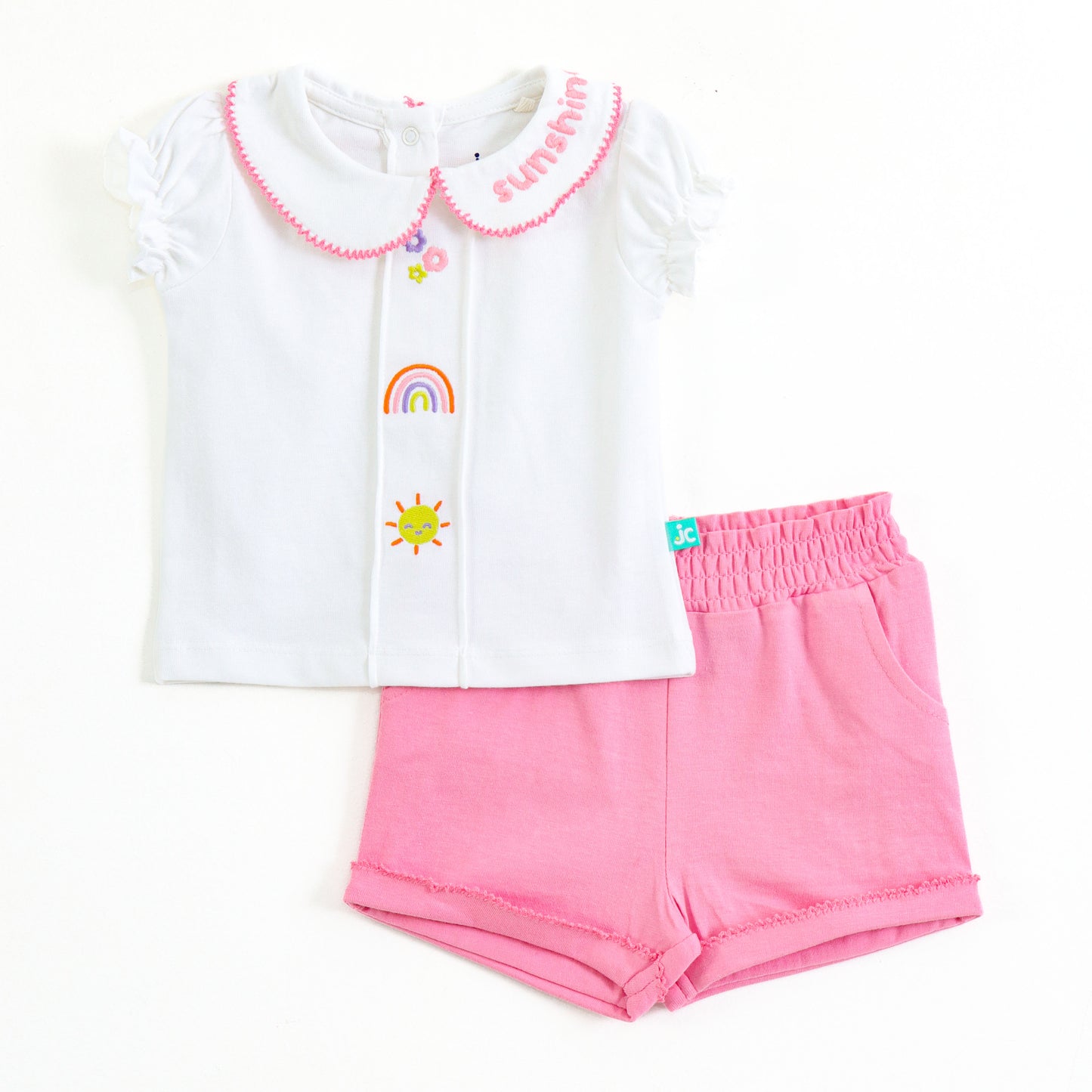 JusCubs Girls White Embroidered Collar Top with Pink Shorts Set – Soft Cotton Summer Outfit