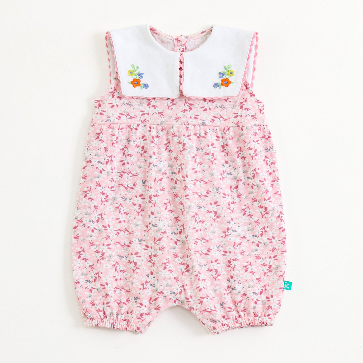 Infant Girls Pink Floral Romper with Embroidered Peter Pan Collar – Soft Cotton Wear
