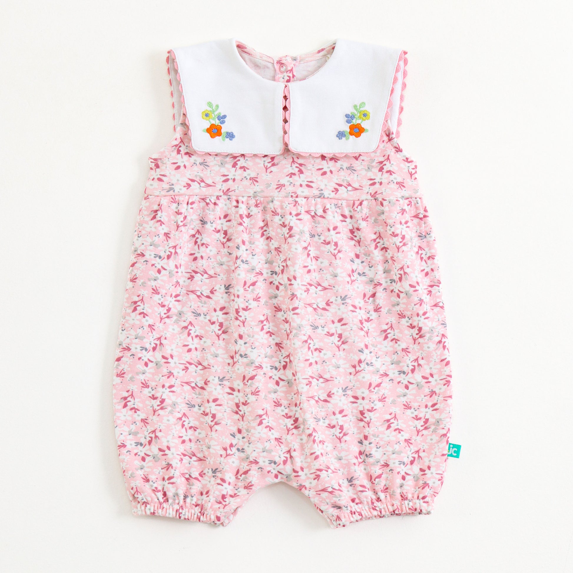 Infant Girls Pink Floral Romper with Embroidered Peter Pan Collar – Soft Cotton Wear