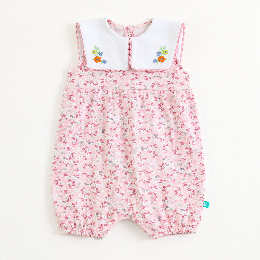 Infant Girls Pink Floral Romper with Embroidered Peter Pan Collar – Soft Cotton Wear