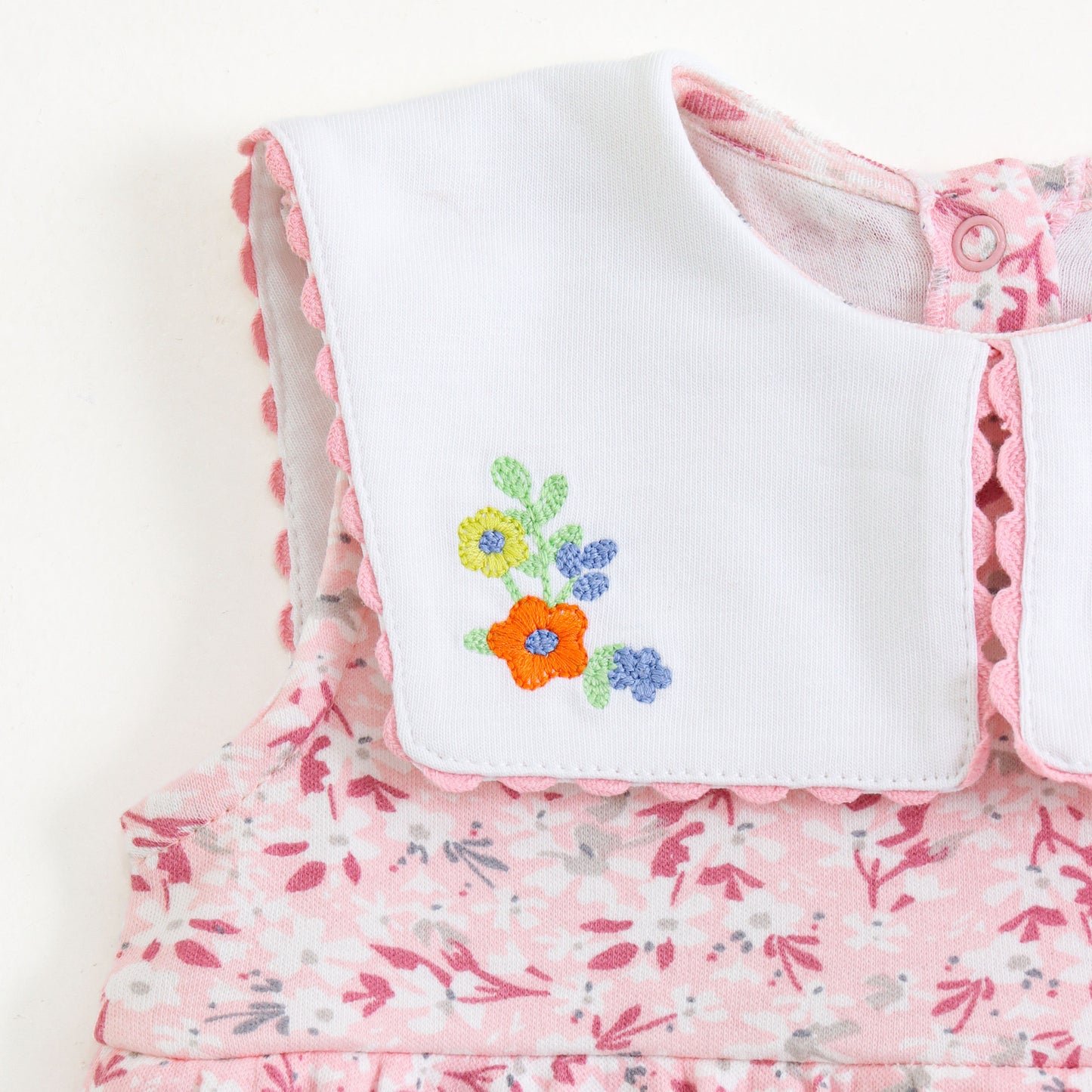 Infant Girls Pink Floral Romper with Embroidered Peter Pan Collar – Soft Cotton Wear