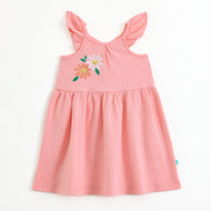 Baby Girls Ribbed Cotton Dress | Floral Embroidery | Ruffle Sleeves | Soft & Breathable Summer Outfit