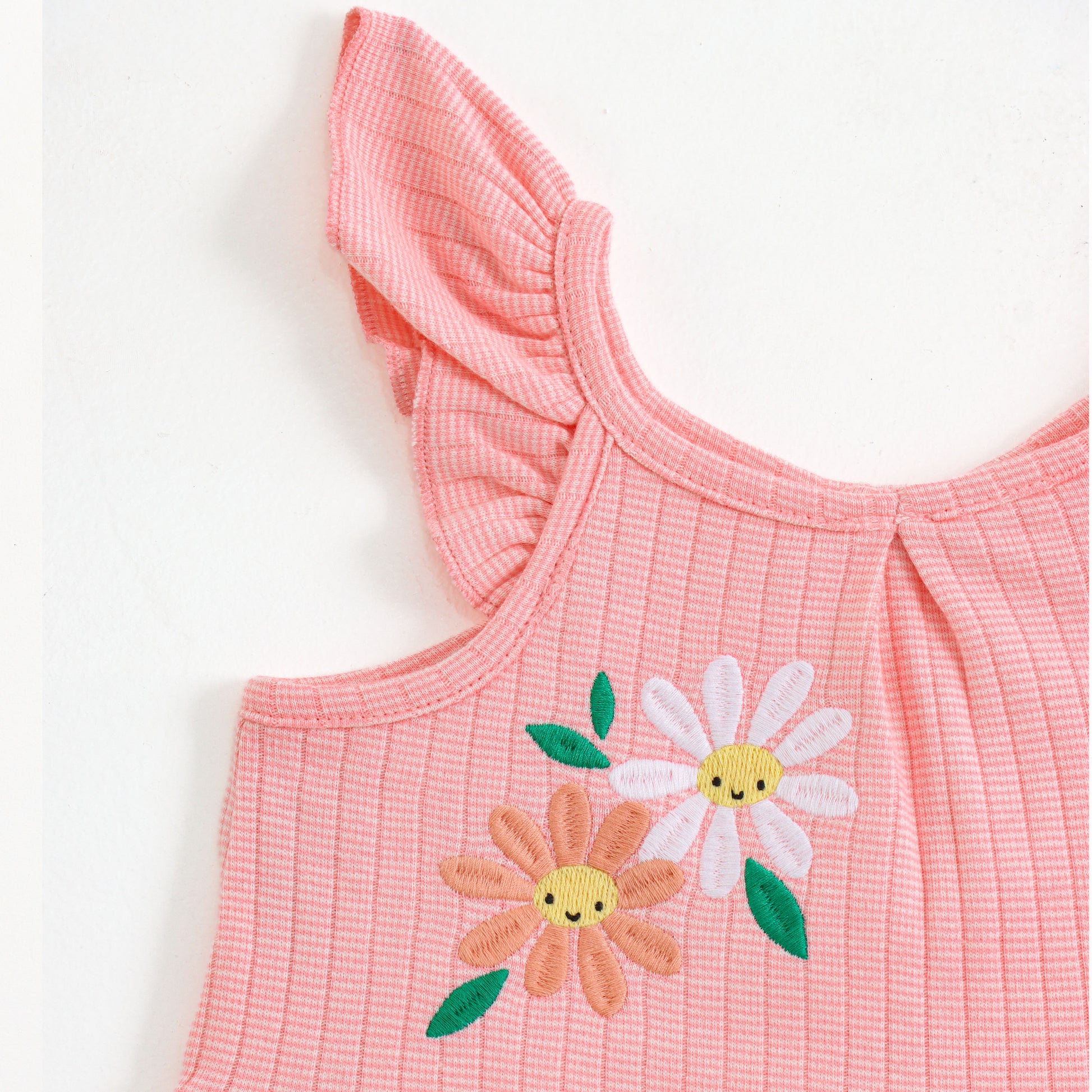 Baby Girls Ribbed Cotton Dress | Floral Embroidery | Ruffle Sleeves | Soft & Breathable Summer Outfit