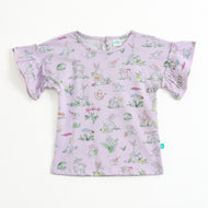 "Girls Purple Animal & Nature Print Top with Flutter Sleeves – Soft Cotton "