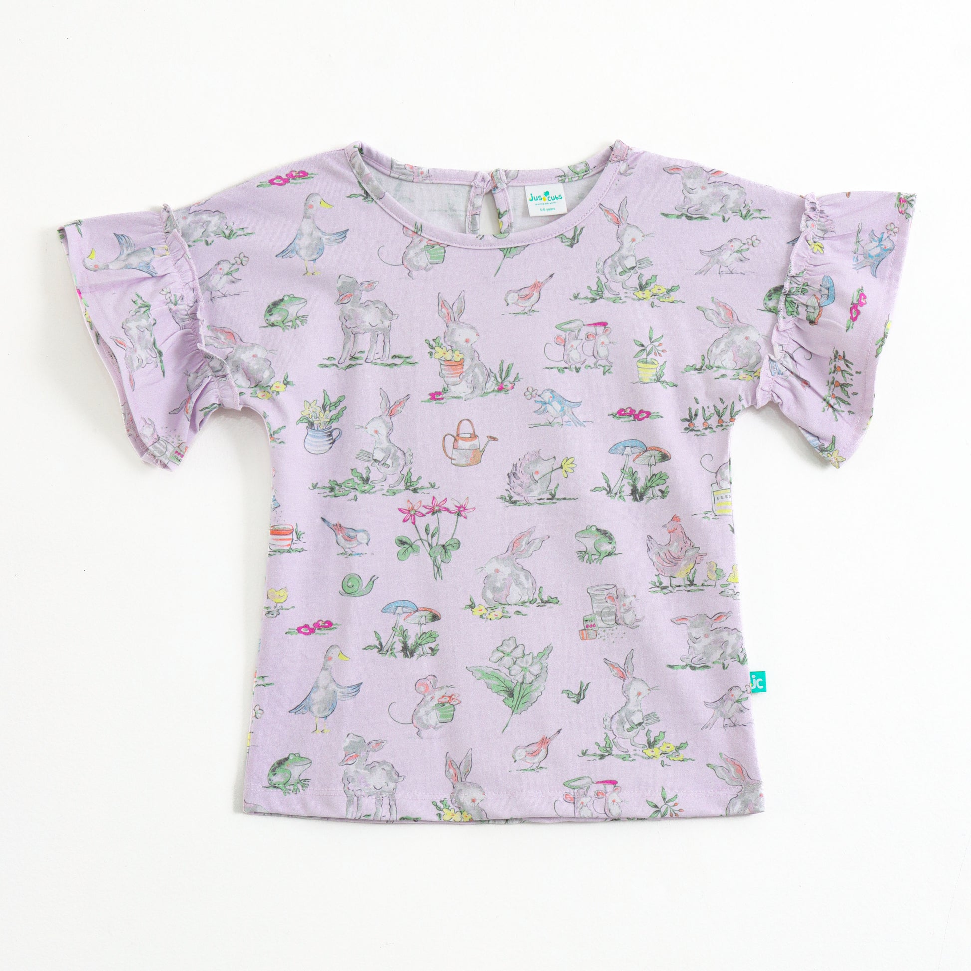 "Girls Purple Animal & Nature Print Top with Flutter Sleeves – Soft Cotton "