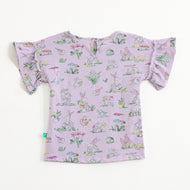 "Girls Purple Animal & Nature Print Top with Flutter Sleeves – Soft Cotton "