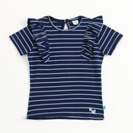 Baby Girls Navy Blue Striped Cotton Top with Ruffle Sleeves | Short Sleeve Casual Wear