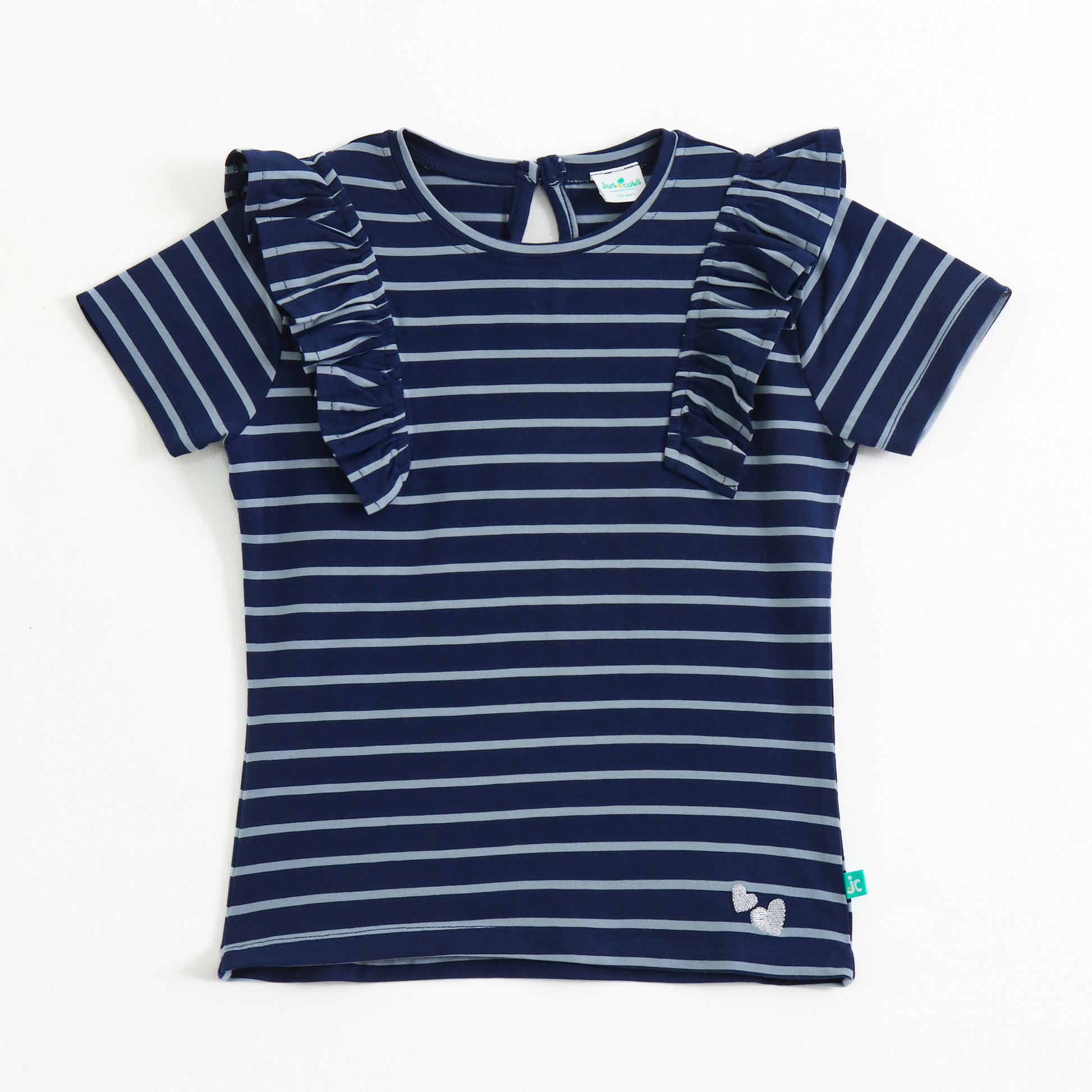 Baby Girls Navy Blue Striped Cotton Top with Ruffle Sleeves | Short Sleeve Casual Wear
