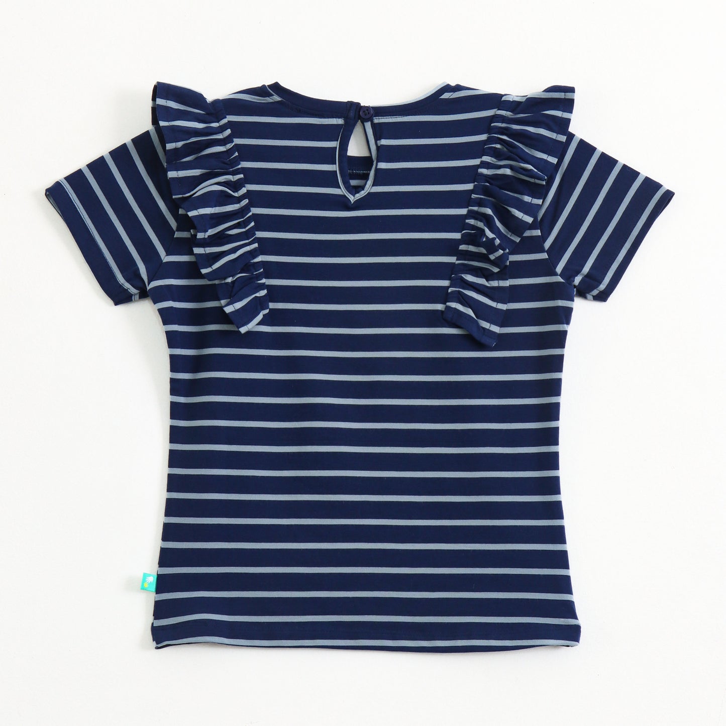 Baby Girls Navy Blue Striped Cotton Top with Ruffle Sleeves | Short Sleeve Casual Wear