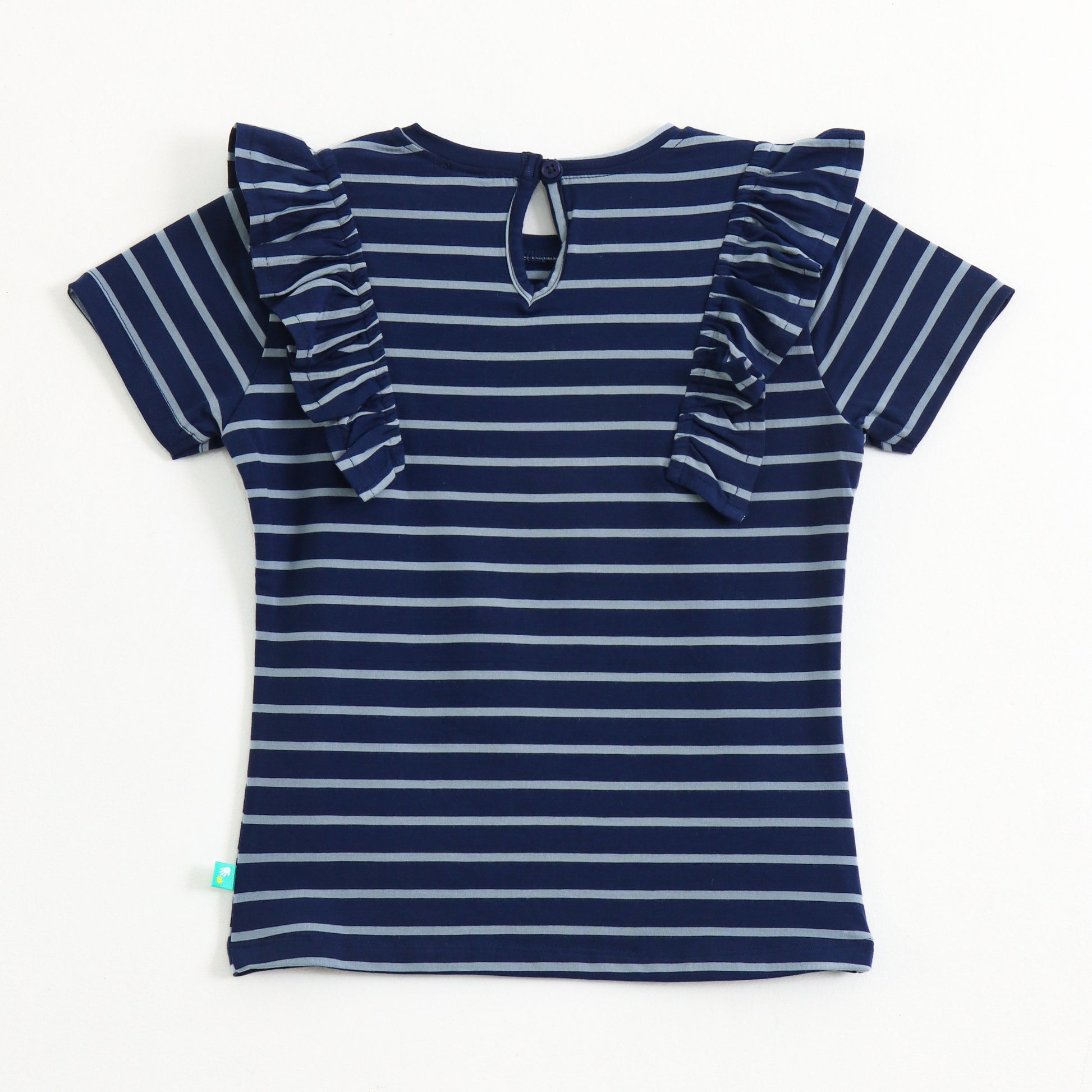 Baby Girls Navy Blue Striped Cotton Top with Ruffle Sleeves | Short Sleeve Casual Wear