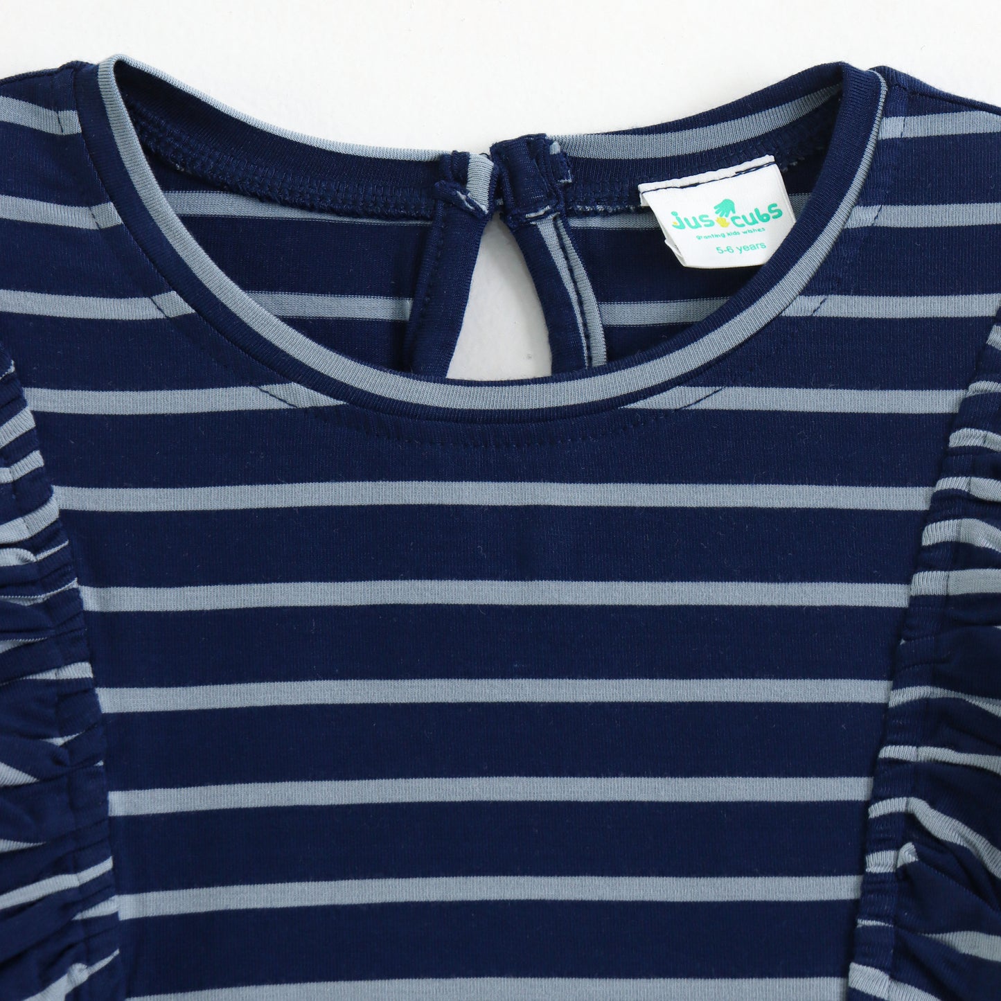 Baby Girls Navy Blue Striped Cotton Top with Ruffle Sleeves | Short Sleeve Casual Wear