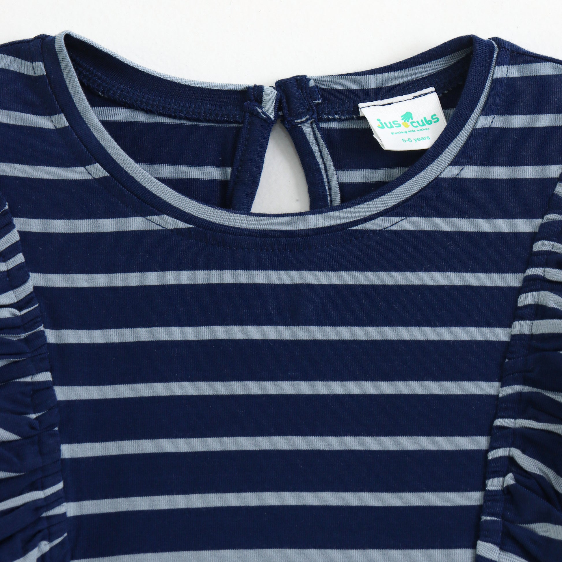 Baby Girls Navy Blue Striped Cotton Top with Ruffle Sleeves | Short Sleeve Casual Wear
