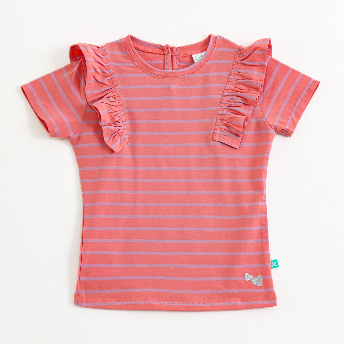 Infant Girls Coral Striped Cotton Top with Flutter Sleeves – Soft & Comfortable