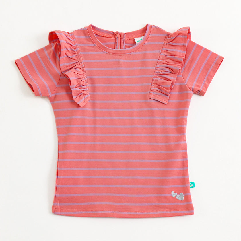 Infant Girls Coral Striped Cotton Top with Flutter Sleeves – Soft & Comfortable