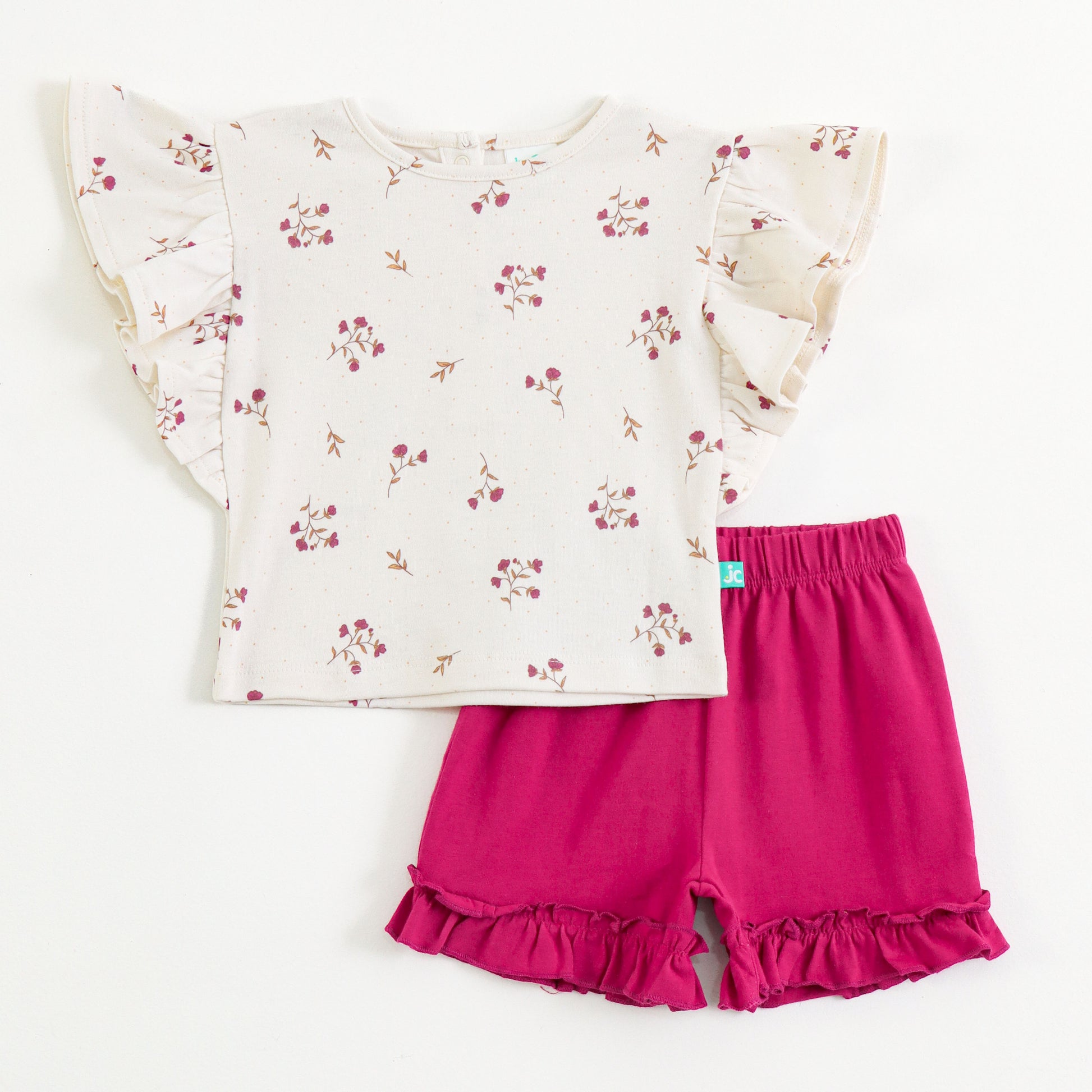 Baby Girls 2-Piece Cotton Outfit | Floral Print Top & Elastic Waist Ruffle Shorts | Summer Wear