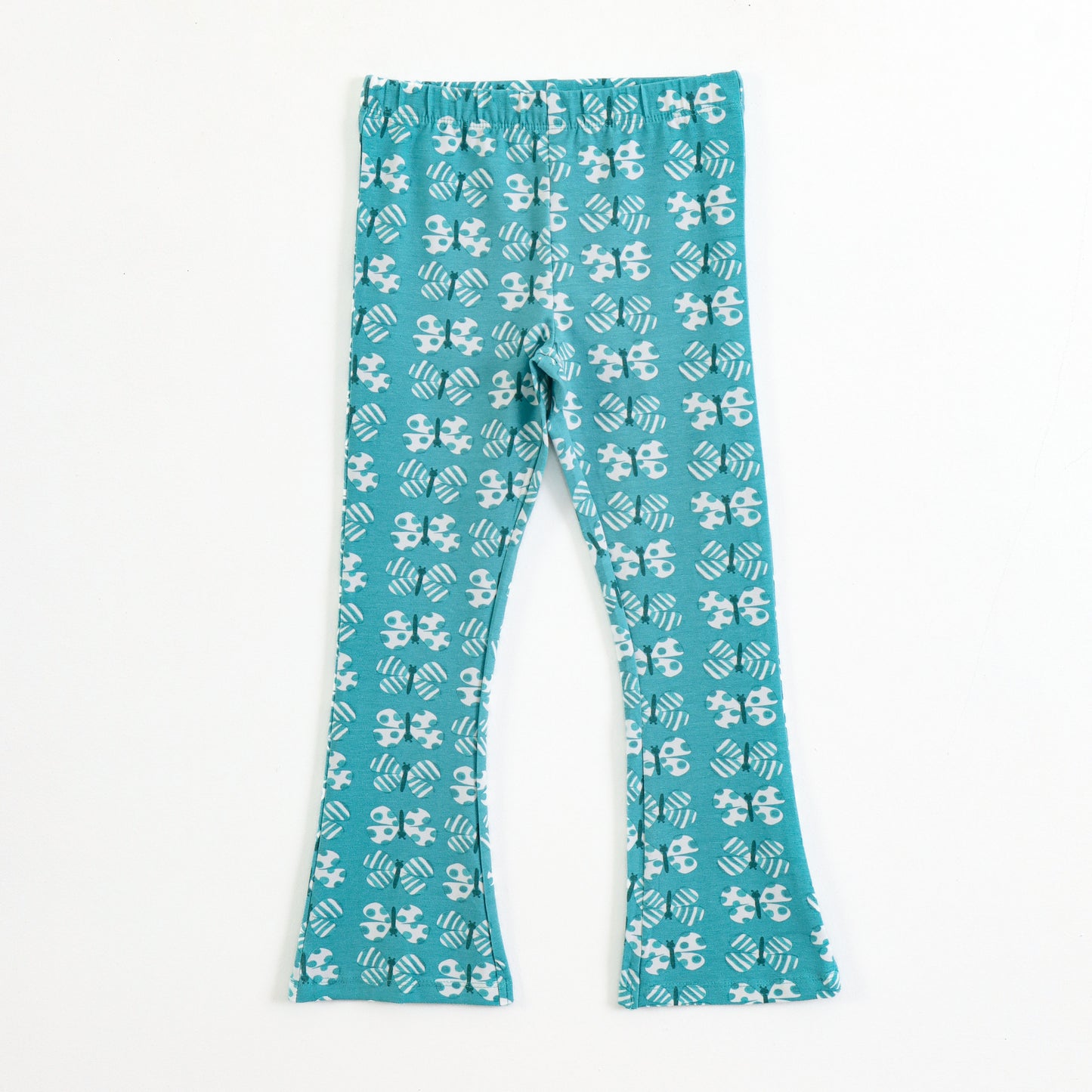 "JusCubs Girls Teal Butterfly Print Flared Leggings – Soft Cotton Stretch Pants"