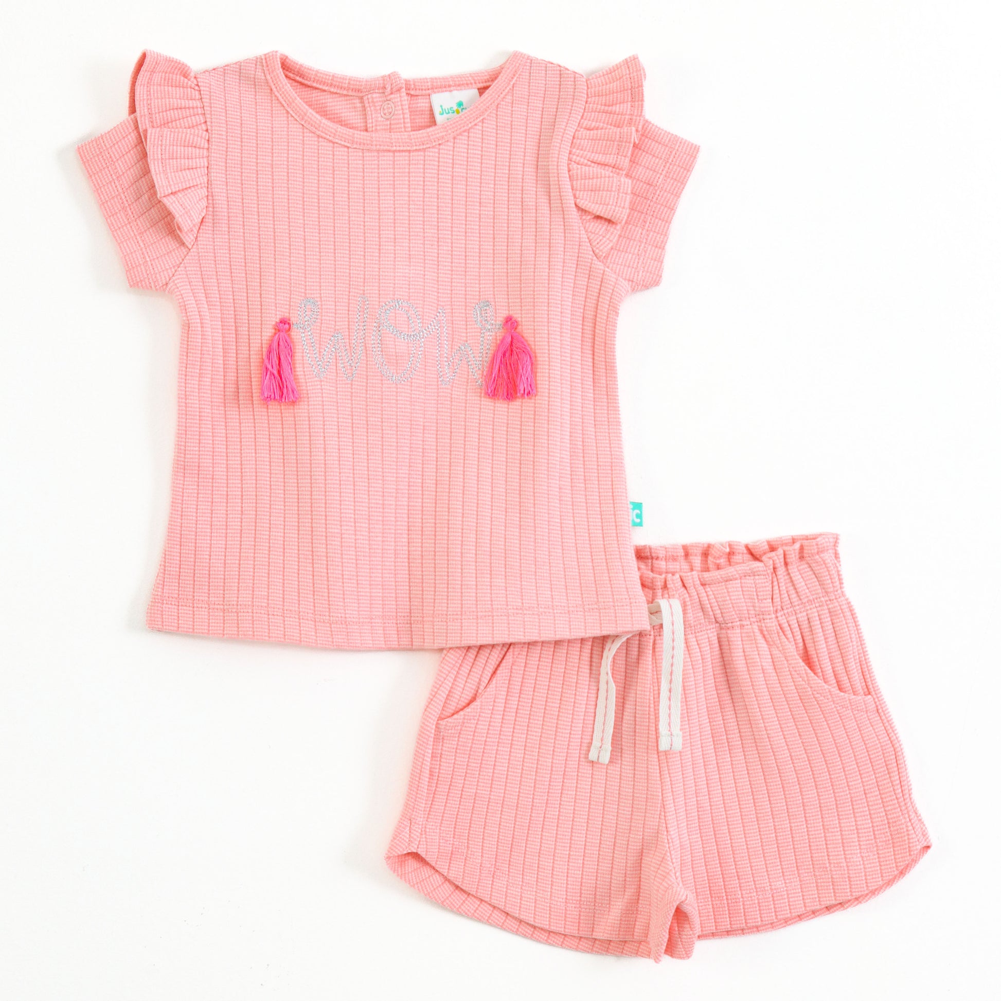 Baby Girls Cotton Co- Set | Ribbed Top & Shorts | Tassel Detail | Elastic Waist | Summer Outfit