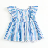Infant Girls Blue & White Striped Cotton Dress with Frill Sleeves & Floral Lace Appliqué